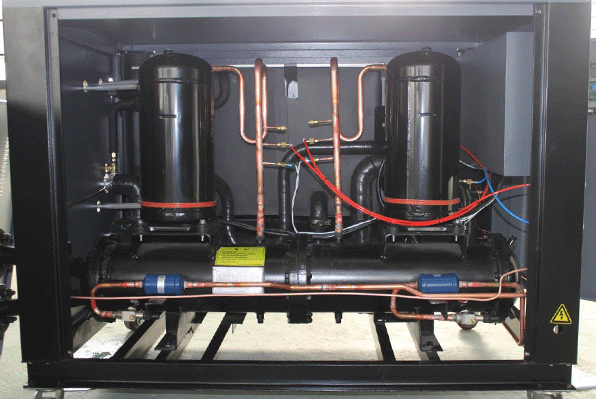 the inner structure of an air-cooled industrial chiller including two compressors